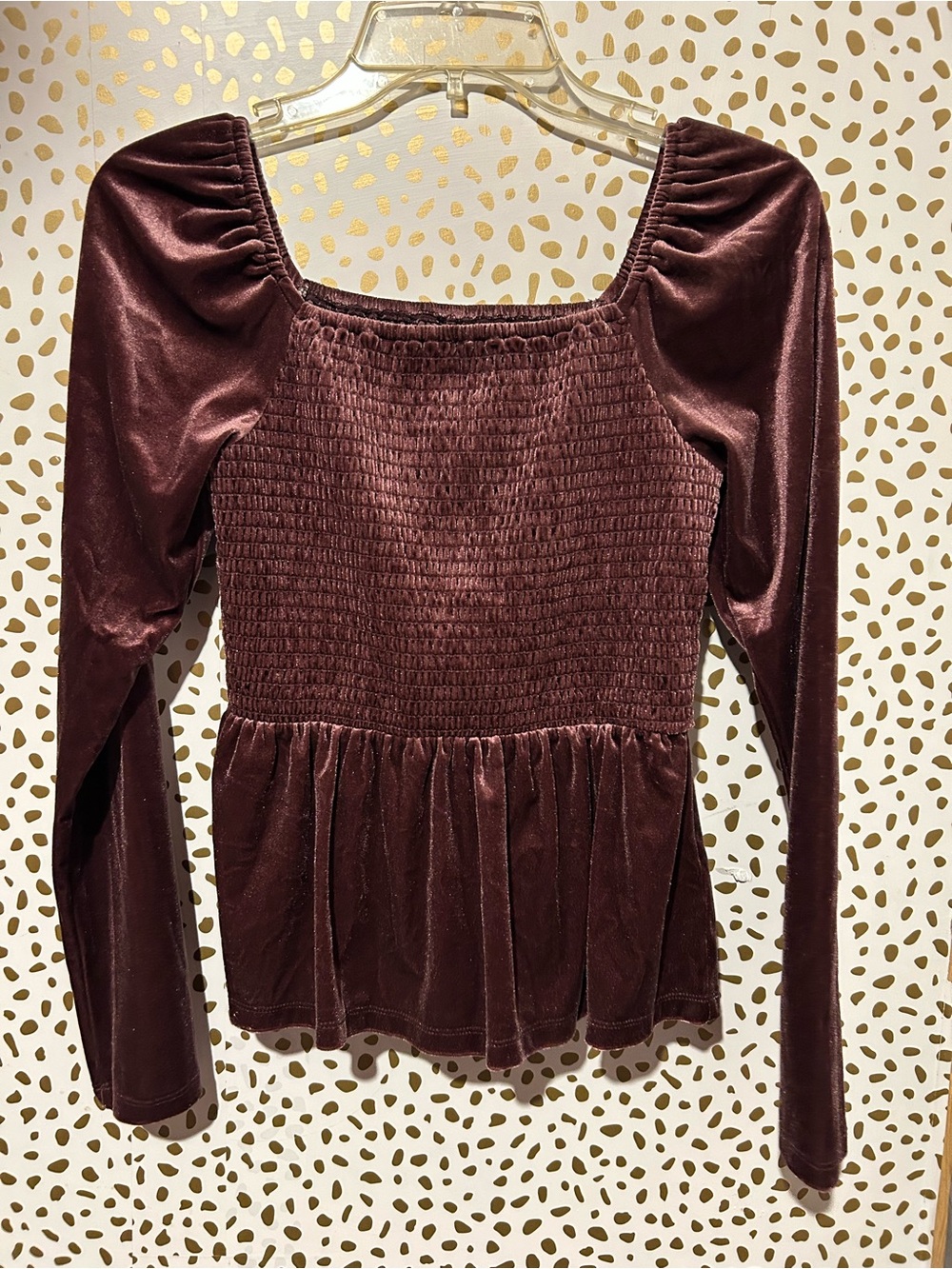 GAP Long Sleeve Velvet Smocked Peplum Top - dark mauve/purple family.